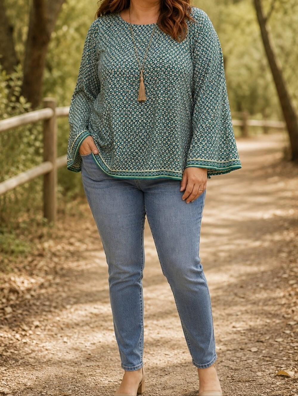 Max Studio Green Geo Print Flowy Blouse Boho Chic Long-Sleeve Lightweight Tunic